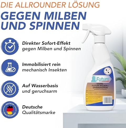Spinnen & Milbenspray 500ml – Effektives Spray gegen Spinnen & Milben für Allergiker – Wasserbasiertes, fleckenfreies Mi