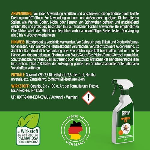 Green Hero Spinnen-Ex Spray 500ml - Effektives Fernhaltemittel gegen Spinnen für Innen und Außen, nachhaltige Abwehrlösu